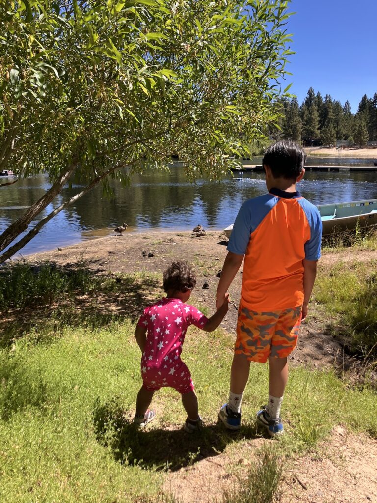 A 9-year-old and a toddler in swimsuits face a pond, holding hands